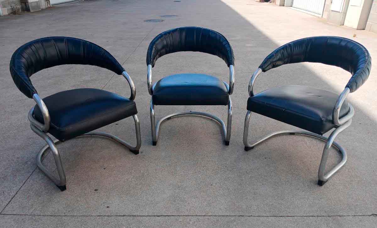 3 Tres Sillas antiguas diseño Giotto Stoppino. Sillones antiguos Silla metal cromado Bauhaus. - Imagen 2