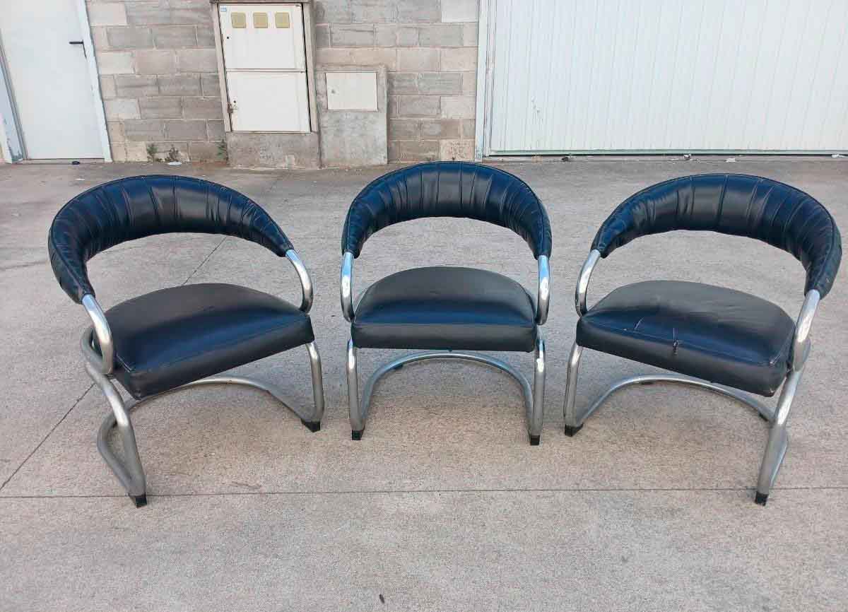 3 Tres Sillas antiguas diseño Giotto Stoppino. Sillones antiguos Silla metal cromado Bauhaus.