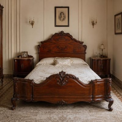 Cama antigua con mesitas de noche antiguas estilo Luis XV. Mesillas dormitorio Isabelino inglés.