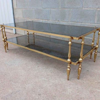 Mesa baja salón antigua vintage (125 cm). Gran Mesa de Tresillo metal cristal bronce latón.