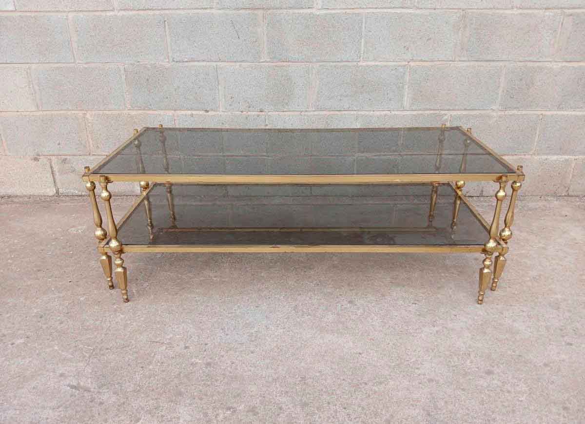 Mesa baja salón antigua vintage (125 cm). Gran Mesa de Tresillo metal cristal bronce latón. - Imagen 2