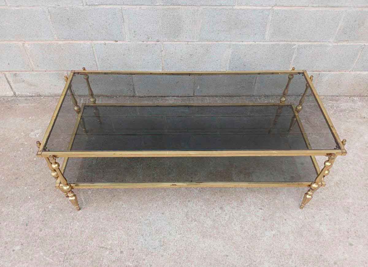 Mesa baja salón antigua vintage (125 cm). Gran Mesa de Tresillo metal cristal bronce latón. - Imagen 3