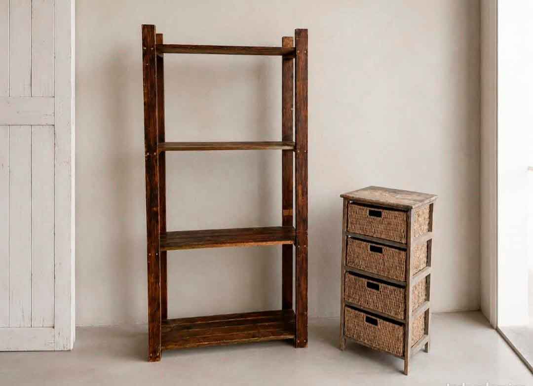 2 Dos muebles de cocina o despensa antigua vintage Mid Century. Estantería + Mueble Auxiliar cestas.