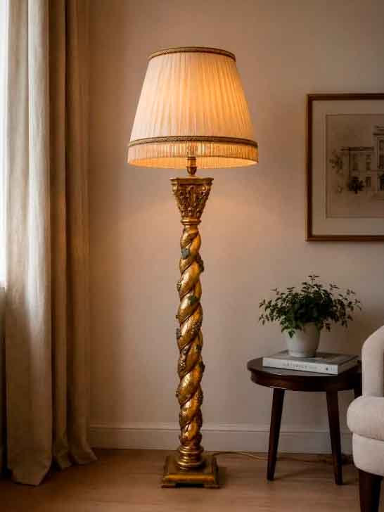 Columna salomónica estilo Barroco. Lámpara de pie antigua en pan de oro estilo Luis XV.