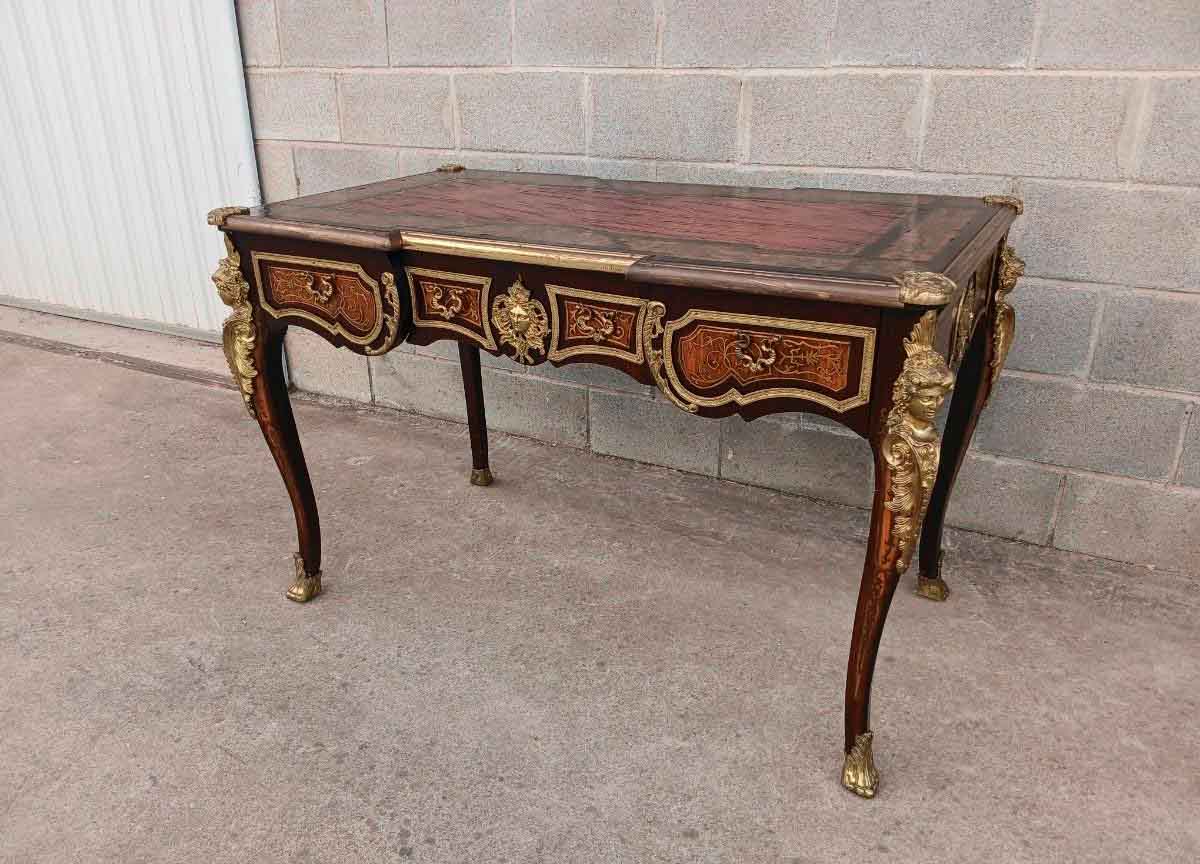 Escritorio antiguo Boullé estilo Napoleón III. Mueble Mesa de Despacho antigua estilo Luis XV bronce. - Imagen 4