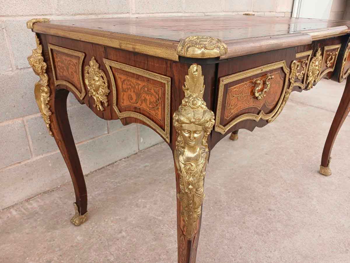 Escritorio antiguo Boullé estilo Napoleón III. Mueble Mesa de Despacho antigua estilo Luis XV bronce. - Imagen 7