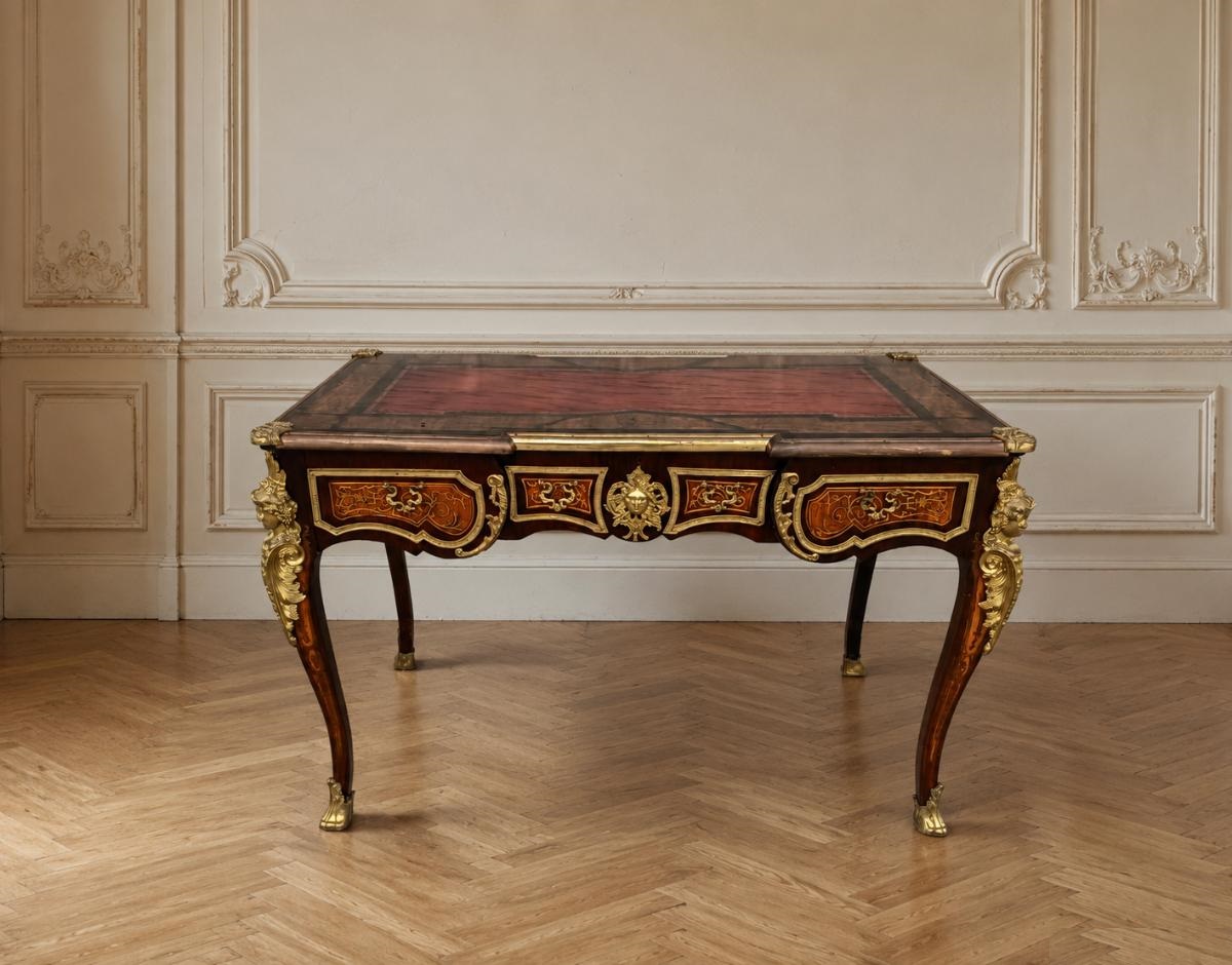 Escritorio antiguo Boullé estilo Napoleón III. Mueble Mesa de Despacho antigua estilo Luis XV bronce.