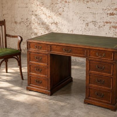Escritorio antiguo cuero verde estilo inglés Victoriano + Sillón Americano. Mesa de Despacho antigua.