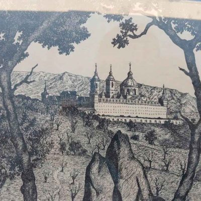 Dibujo a plumilla pluma Basílica de San Lorenzo de El Escorial (original). Cuadro dibujo pintura.