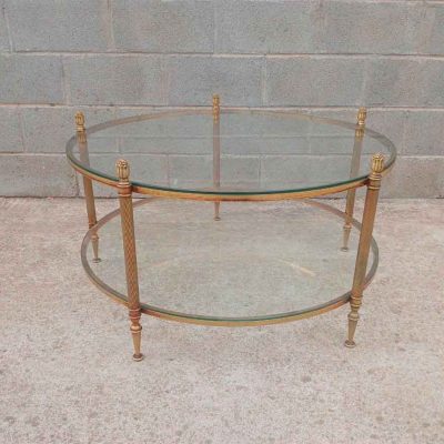 Mesa baja antigua francesa bronce latón (90 cm). Mueble Mesa centro de salón estilo inglés Luis XVI.