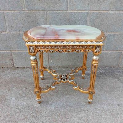 Pequeña Mesa auxiliar antigua estilo Luis XVI (58 cm). Mueble Pedestal pie columna soporte base.